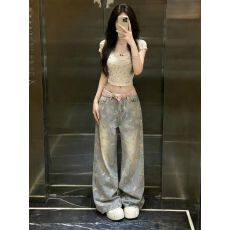 批发美式复古碎花高腰牛仔裤女2026<b class='q'>春</b>季新款设计宽松显瘦直筒裤拖地裤
