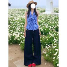 批发简约复古深蓝色<b class='q'>高腰</b>阔腿牛仔裤女夏季新款甜妹宽松显瘦拖地长裤子
