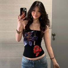 批发美式复古花卉印花弹力辣妹抹胸女夏季小众设计感百搭显瘦性感上衣