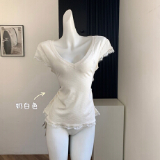 批发美式<b class='q'>甜美</b>蕾丝正肩女夏季新款纯色收腰显瘦时尚上衣