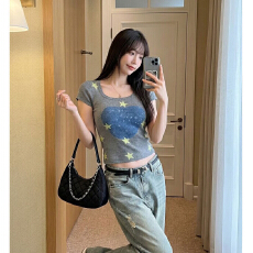 星星印花灰色气质短袖T恤女夏季修身显瘦百搭上衣