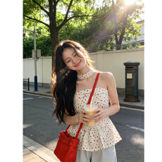 批发纯欲一字肩碎花抹胸外穿无袖背心女夏季外穿吊带小上衣