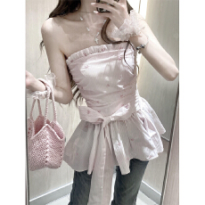 批发掐腰条纹抹胸上衣女带收腰显瘦少女感露肩t