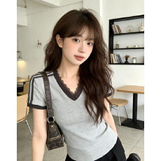 蕾丝花边V领短袖T恤女夏季新款正肩条纹修身显瘦小上衣