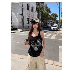 批发<b class='q'>街头</b>甜酷风烫钻蝴蝶美背背心女夏季不规则收腰无袖上衣