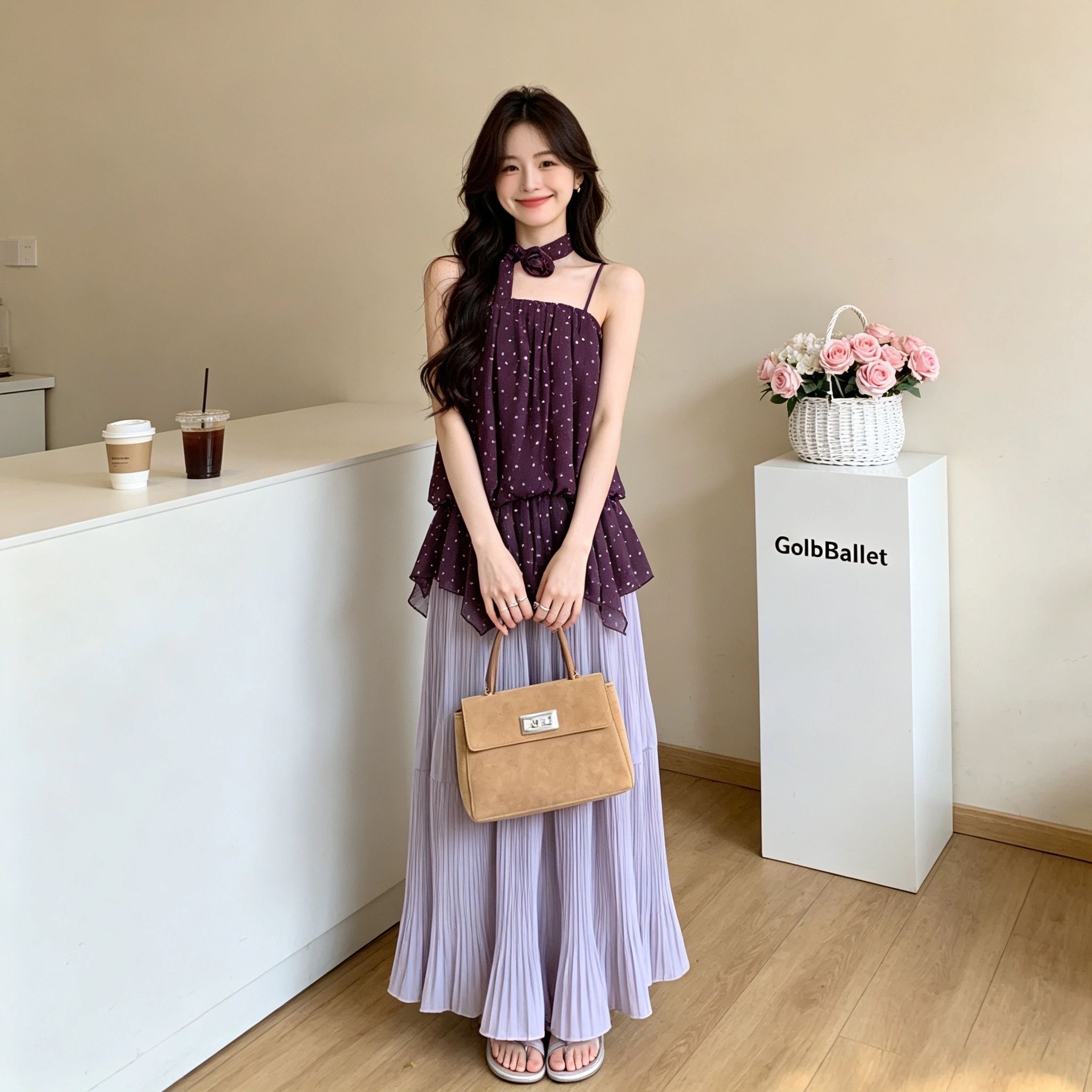 甜辣妹紫色波点吊带背心女夏季设计感木耳边收腰显瘦绝美上衣 服裝批發女裝批發服飾貨源