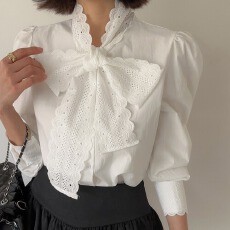 批发春季<b class='q'>韩国</b>法式蝴蝶结系带衬衫女装设计感小众气质长袖衬衣女