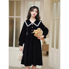 批发早秋季新款法式绝美漂亮复古黑色气质显瘦丝绒<b class='q'>连衣裙</b>女小个子裙子
