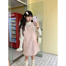 批发2026年简约少女感波点长袖打底衫叠穿粉色蝴蝶结背心<b class='q'>连衣裙</b>两件套
