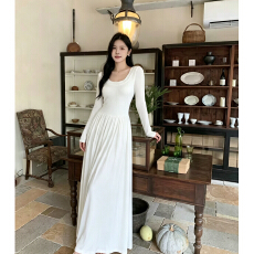 批发026新款白色长袖<b class='q'>露背</b><b class='q'>连衣裙</b>女法式气质系带蝴蝶结大摆长裙收腰