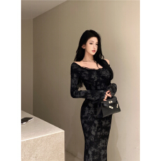 批发御姐风高级感黑色连衣裙风大衣内搭修身鱼尾包臀裙宴会<b class='q'>礼服</b>裙