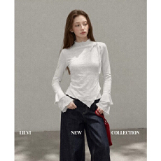 批发白色不规则半高领拼接上衣女<b class='q'>蕾丝</b>喇叭袖长袖<b class='q'>打底衫</b>