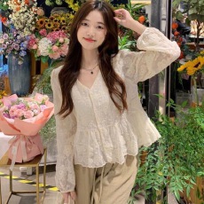 批发法式刺绣V领<b class='q'>长袖</b><b class='q'>衬衣</b>女2026年新款春季甜美娃娃<b class='q'>衬衫</b>气质宽松上衣