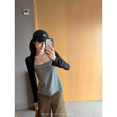 批发拼接撞色条纹长袖T恤女<b class='q'>秋</b>韩系修身显瘦正肩上衣