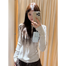 批发韩系bm风条纹正肩长袖t恤女<b class='q'>秋</b>内搭打底衫修身显瘦上衣
