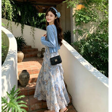 批发秋季法式复古碎花吊带连衣裙+针织开衫套装时尚洋气<b class='q'>百搭</b>两件套