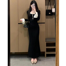 批发黑色长袖拼接假两件<b class='q'>打底连衣裙</b>女2026新款法式高级小心机气质长裙