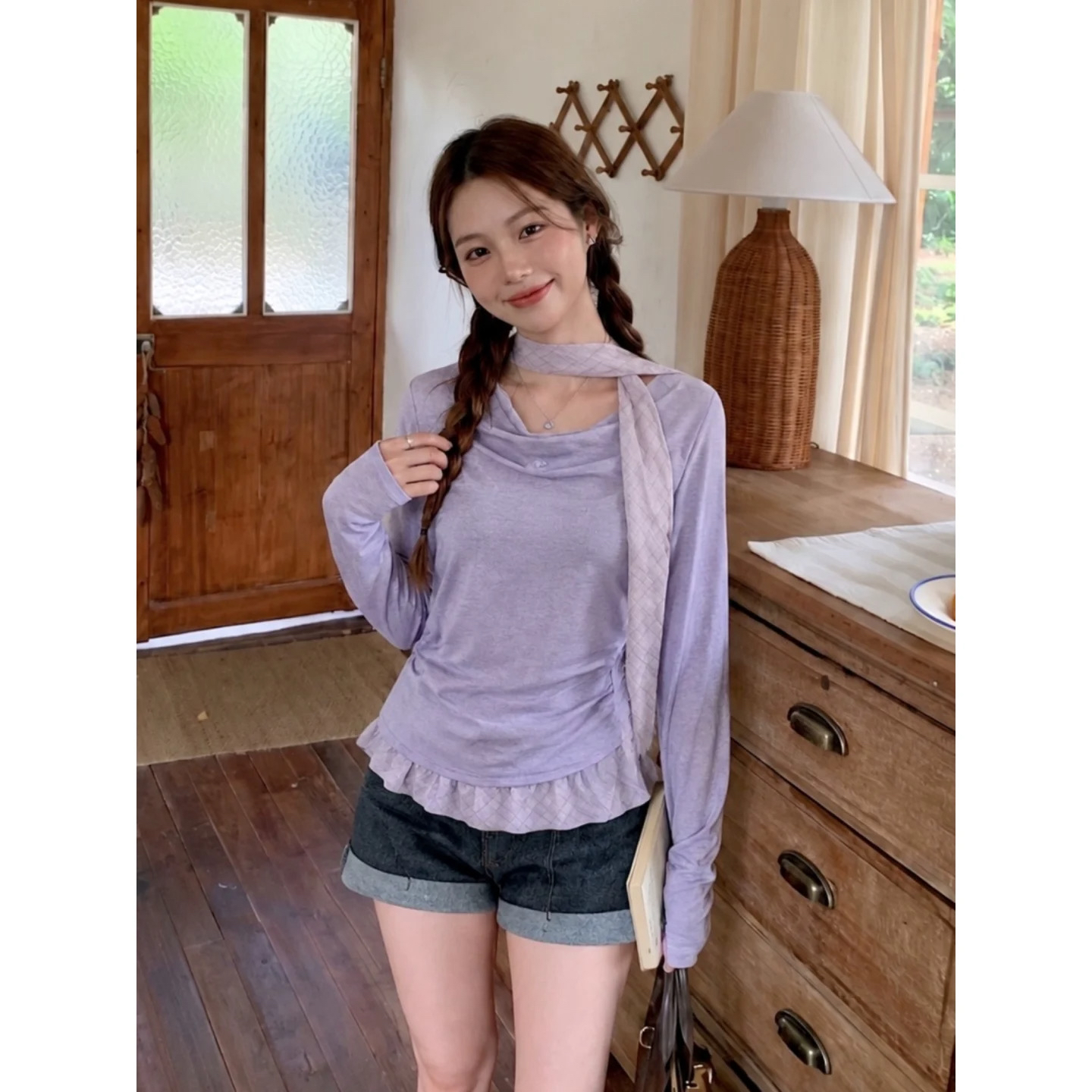 BY37138# 韩系早秋穿搭假两件荡领飘带秋季新款 服裝批發女裝批發服飾貨源