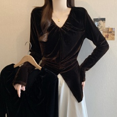 批发实拍胖MM大码女装2025秋季新款轻熟风<b class='q'>V领</b>金丝绒开叉收腰显瘦上衣