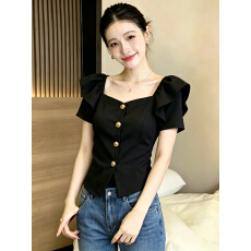 批发设计感方领泡泡袖单排扣<b class='q'>衬衫</b><b class='q'>女</b>2026夏季新款法式修身减龄百搭上衣