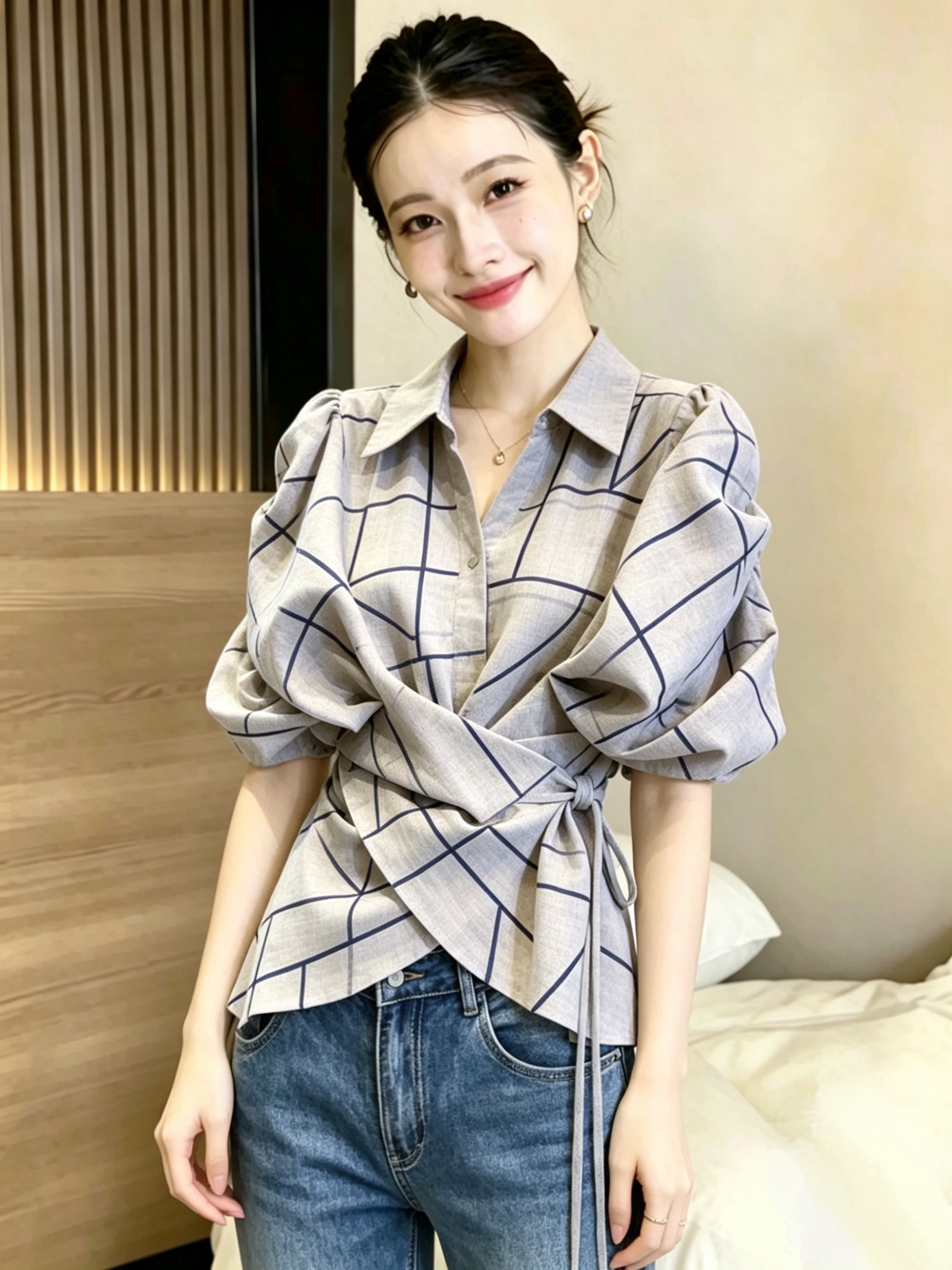 夏季新款设计感格纹系带收腰衬衫女通勤显瘦气质百搭上衣  服裝批發女裝批發服飾貨源