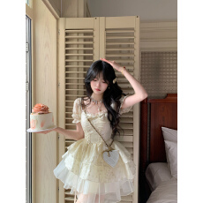 批发Blovelan栀花方糖 公主风提花蝴蝶结少女感<b class='q'>欧根纱</b>蓬蓬连衣裙春夏