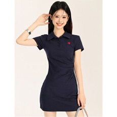 批发韩系短袖T恤连衣裙<b class='q'>女</b>收腰显瘦2026夏季新款POLO领休闲小个子短裙