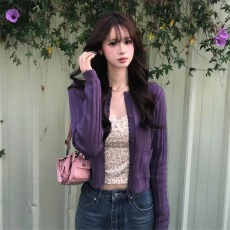 批发韩系复古拼接紫色针织开衫<b class='q'>女</b>春季修身显瘦叠穿内搭打底背心两件套