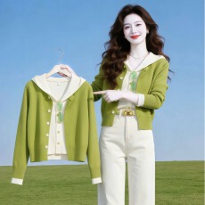 批发草绿色连帽拼接假两件针织开衫2026春季法式清新软糯高级感上衣<b class='q'>女</b>