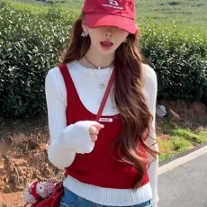 批发韩版设计感拼接假两件针织衫<b class='q'>女</b>春季新款显瘦减龄洋气上衣叠穿精致