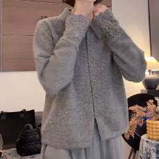 批发镂空袖口设计感翻领针织开衫女2025秋冬新款纯色时尚百搭长袖毛衣