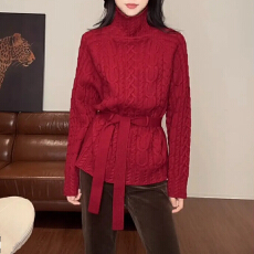 批发系带毛衣宽松高领麻花套头针织衫女2025秋<b class='q'>冬</b>新款百搭长袖毛衣