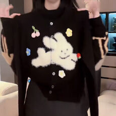 批发设计感可爱兔子刺绣针织开衫秋<b class='q'>冬</b>2025新款时髦百搭休闲复古毛衣