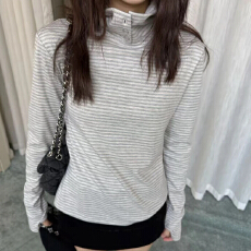 批发【条纹打底】休闲宽松复古条纹长袖<b class='q'>T</b><b class='q'>恤</b>女秋冬新款时尚翻领上衣
