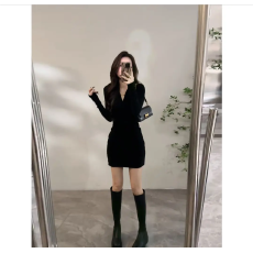 批发磨毛加厚修身高腰显瘦<b class='q'>秋</b>冬时尚设计感连衣裙女包臀裙黑色气质长袖