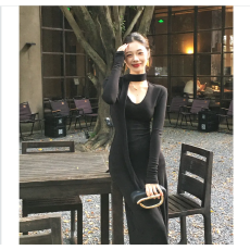 批发气质设计感飘带内搭连衣裙女<b class='q'>秋</b>冬新款长袖收腰包臀裙显瘦打底长裙