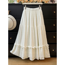 批发杏色蕾丝拼接磨毛A字半身裙女秋新款高腰垂感宽松褶皱通勤<b class='q'>大摆裙</b>