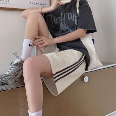 批发运动三条杠五分<b class='q'>短裤</b>女夏季新款休闲中裤高腰宽松直筒阔腿裤子