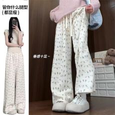 批发碎花夏季冰丝阔腿裤子<b class='q'>新款</b>小个子宽松垂感裤女高腰直筒学生休闲裤