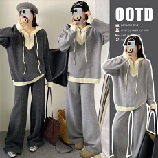 大货~秋冬新款撞色连帽休闲针织卫衣+孕妇裤套装