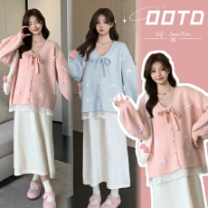 实拍大货~秋冬新款重工蝴蝶结蕾丝甜美减龄孕妇上衣+背心裙套装