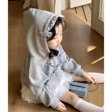 批发【纯棉华棉】女童套装新款连帽蝴蝶结卫衣<b class='q'>春</b>秋款蕾丝花边半身裙