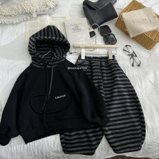 批发【纯棉华棉复合】男童秋冬套装新款连帽卫衣条纹<b class='q'>裤</b><b class='q'>儿童</b>加绒两件套