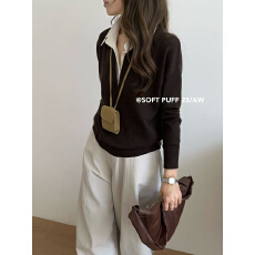 批发安迪绒】2025秋冬条纹拼接<b class='q'>假两件</b>POLO领<b class='q'>针织衫</b>女高级撞色长袖上衣