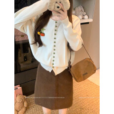 批发安迪绒】韩系chic圆领南瓜装饰针织<b class='q'>开衫</b>秋冬甜美宽松慵懒长袖上衣