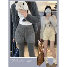 批发北极绒洗水】秋冬辣妹麻花阔腿针织短裤女小个子外穿松紧腰<b class='q'>打底裤</b>