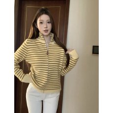 批发<b class='q'>北极</b><b class='q'>绒</b>洗水 韩系条纹拉链长袖针织开衫2025秋冬季慵懒上衣外套