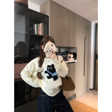 批发<b class='q'>北极</b><b class='q'>绒</b>洗水 韩版撞色圆领提花针织衫春秋季休闲宽松显瘦打底上衣