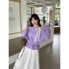 批发<b class='q'>北极</b><b class='q'>绒</b> 慵懒镂空蕾丝系带长袖针织衫春秋季季露肩气质百搭上衣