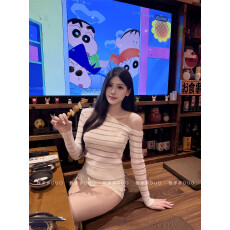 批发包芯纱 韩系透视条纹斜肩长袖<b class='q'>针织衫</b>2026春秋季百搭内搭打底上衣